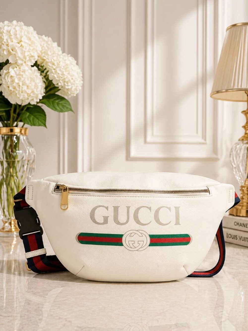 Authentic Gucci Logo Belt Bag Medium White Leather GG Waist Bag Crossbody